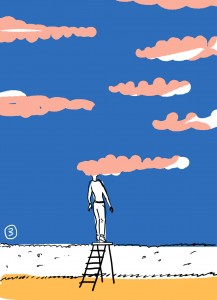 Illustration of male looking into the sky with clouds obscuring his vision.