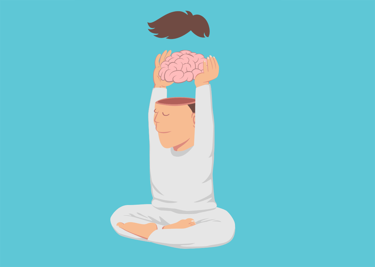 Cartoon of meditating boy with brain above head